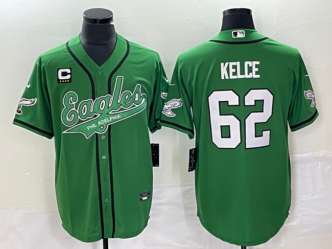 Men's Philadelphia Eagles #62 Jason Kelce Green With C Patch Cool Base Stitched Baseball Jersey